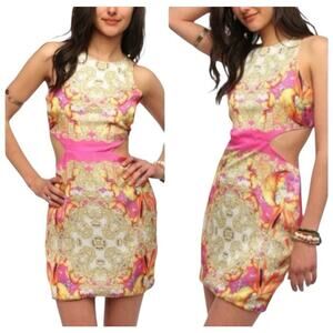 Naven Sleeveless Satin Cut Out Party Mini Dress Size XS Oriental Print Rave Sexy